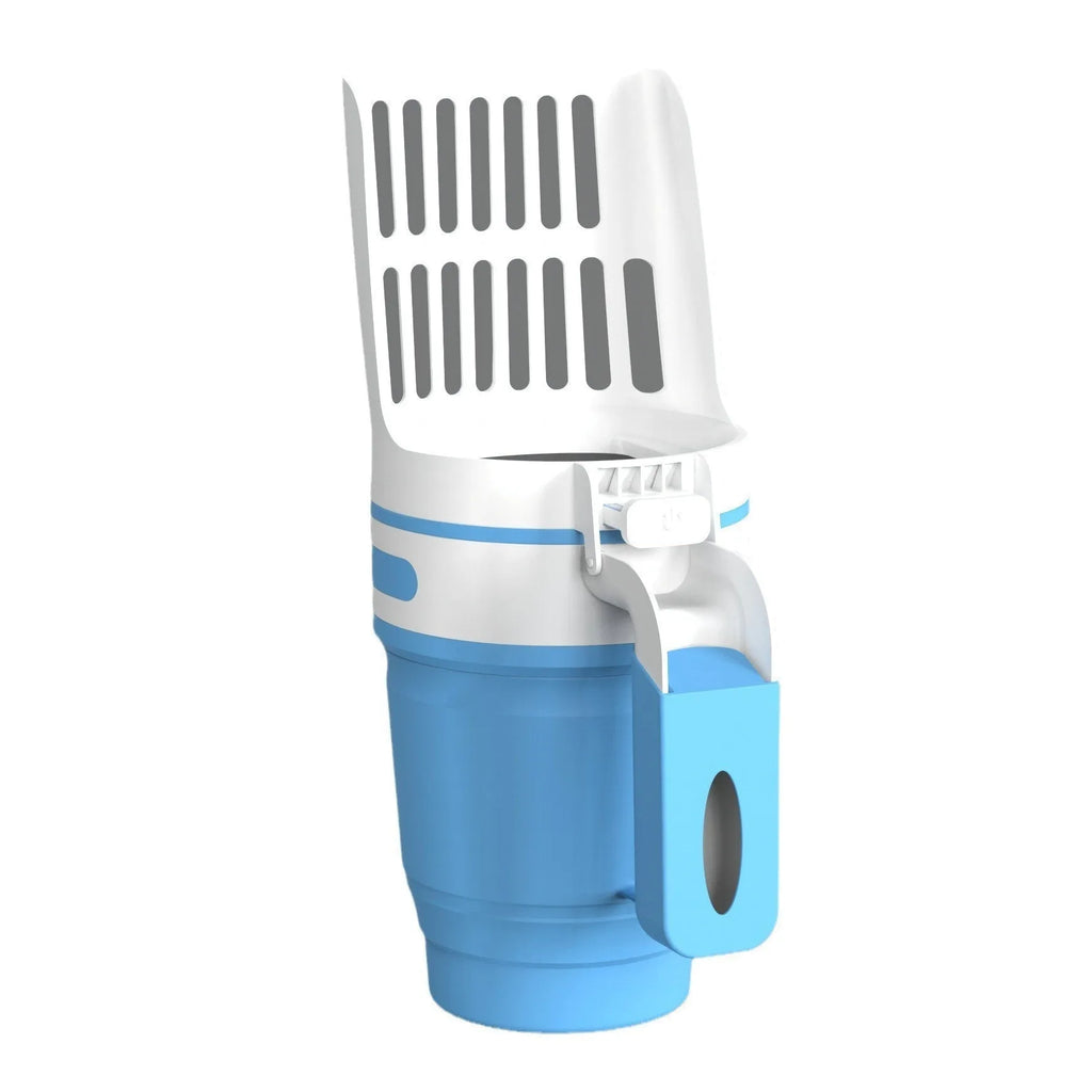 Grey cat litter scoop with attached waste bin and foldable bottom, shown with refill bags.