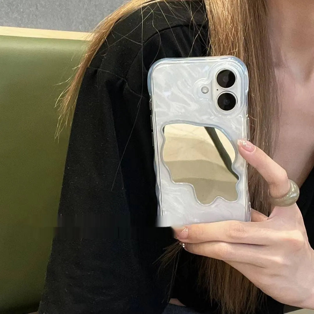 Simple solid colour iPhone case with water ripple texture and a small mirror, shown in beige.