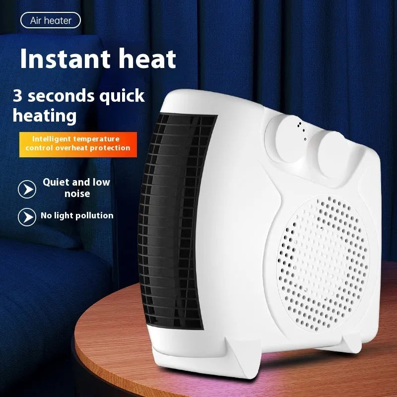 White compact desktop electric heater with power adjustment and two-speed fan control