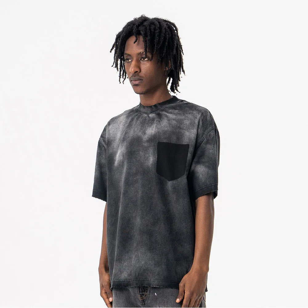 Men's black loose fit cotton t-shirt with letter print design and drop-shoulder short sleeves