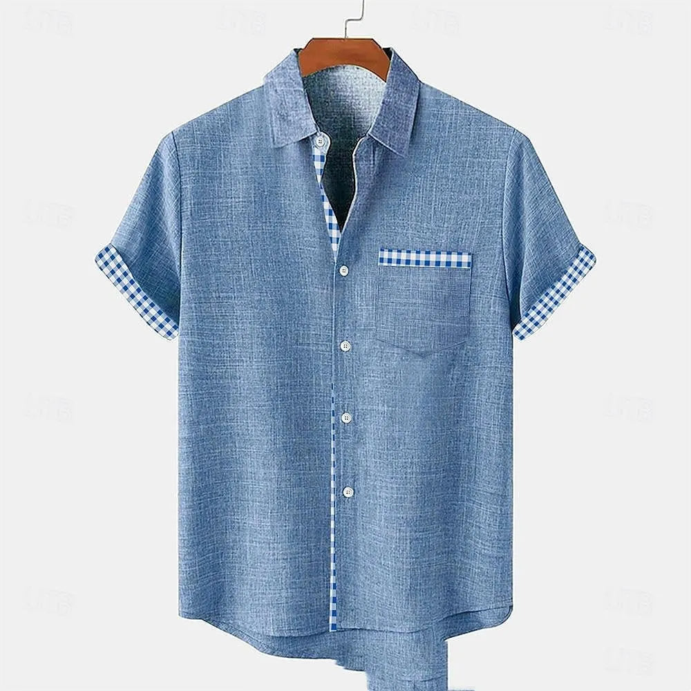 Loose-fit linen short-sleeved top with an ocean fish pattern embroidered on the lapel