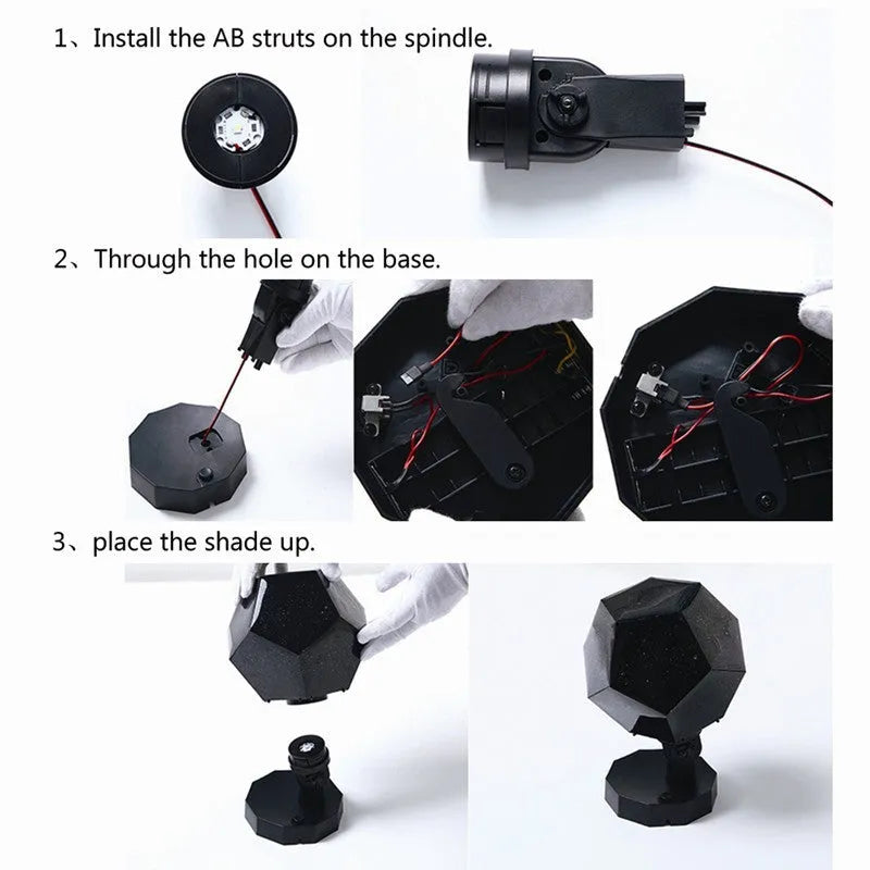 LED starry sky projector showing constellation patterns on bedroom ceiling with remote control
