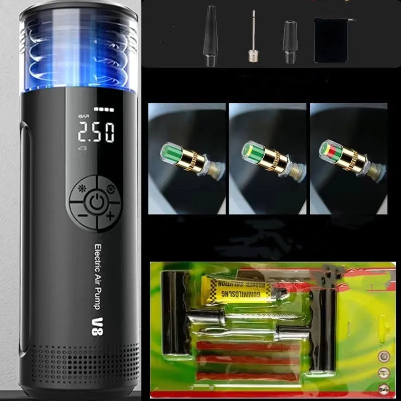 Wireless digital display car tyre air pump with extended cable and LED warning light