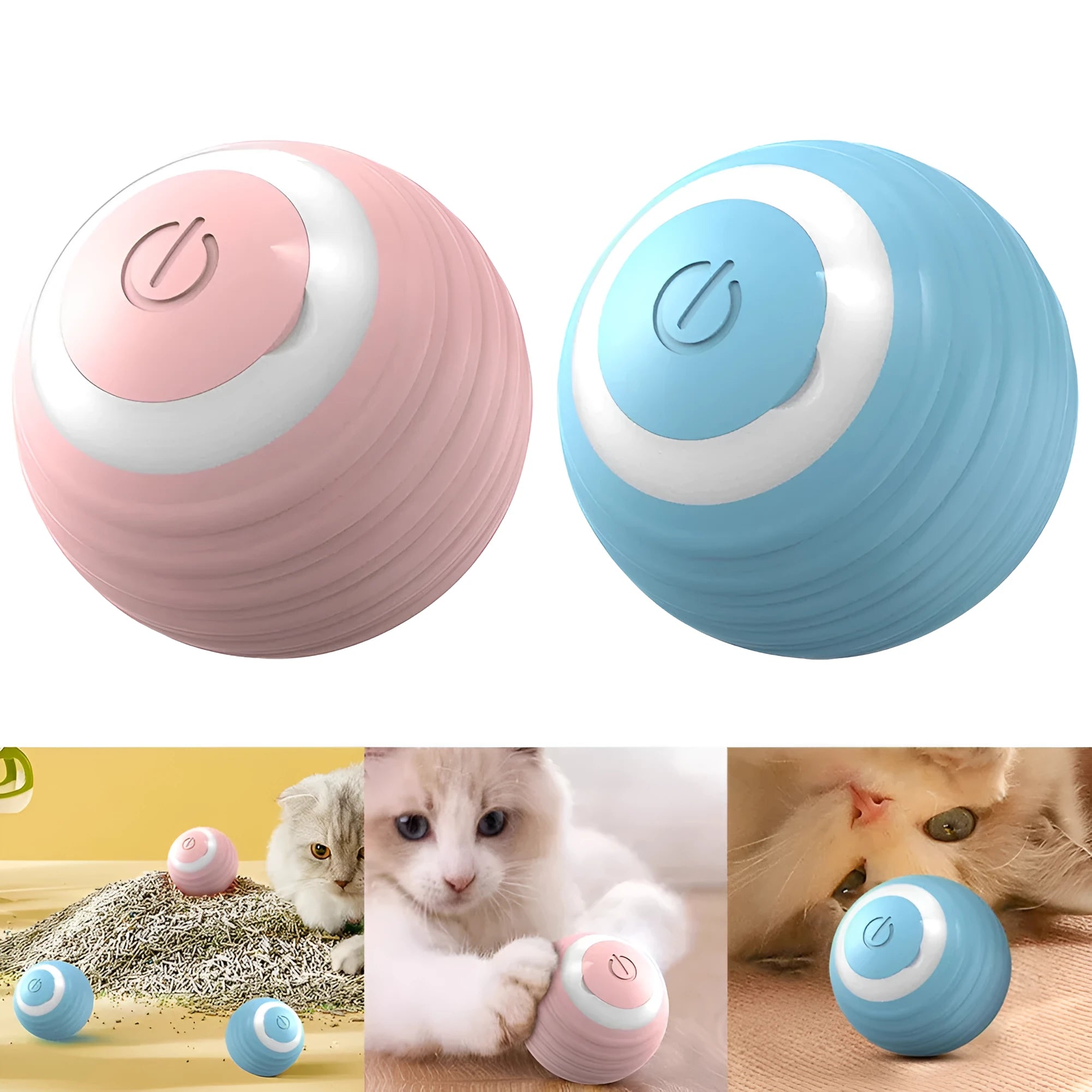 Automatic moving cat toy ball with silicone construction in blue and pink colour options