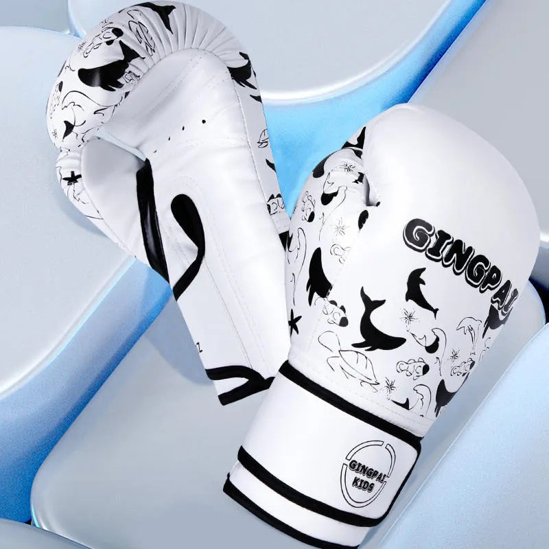 Pair of PU leather training boxing gloves in vertical style with white and black colour scheme