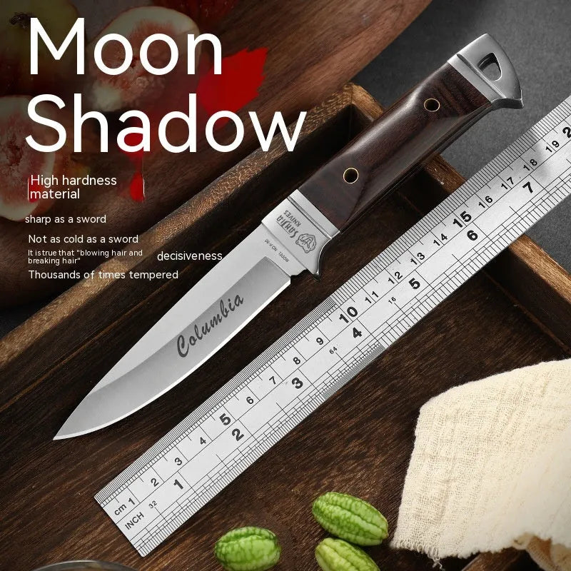 Camping multifunctional portable fruit knife with leather sheath, national style stainless steel blade