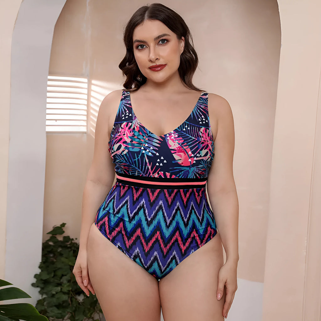 Blue printed one-piece swimsuit with spaghetti straps and a striped vest design for women's swimming.