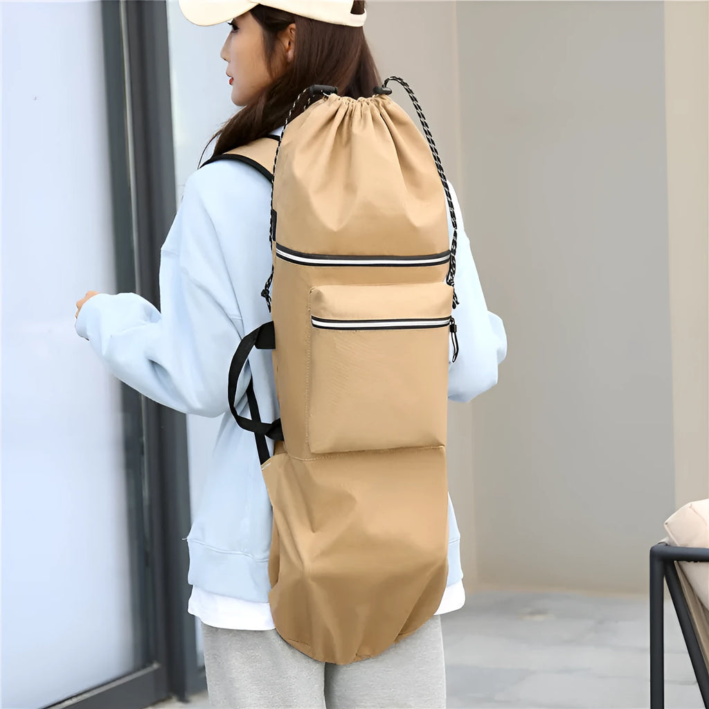 Waterproof nylon skate bag shown in camouflage colour with skateboard carrying capacity
