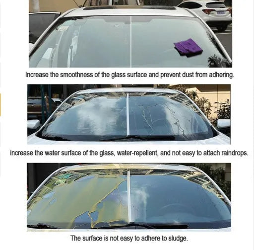 Car glass oil film remover paste in tub with applicator cloth, for removing bird droppings and tree sap from windshield