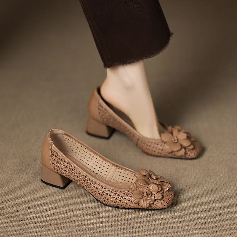 Light brown women's leather pumps with hollow weave design and a mid heel on a beef tendon sole.
