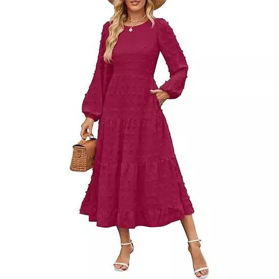 Women's high waist autumn dress with long ruffled sleeves in a solid colour