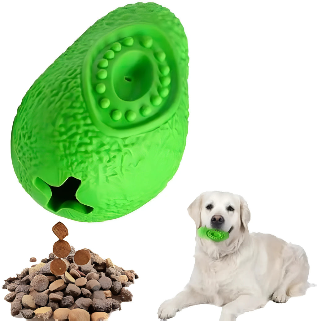 Green natural rubber indestructible dog chew toy shaped like an avocado.