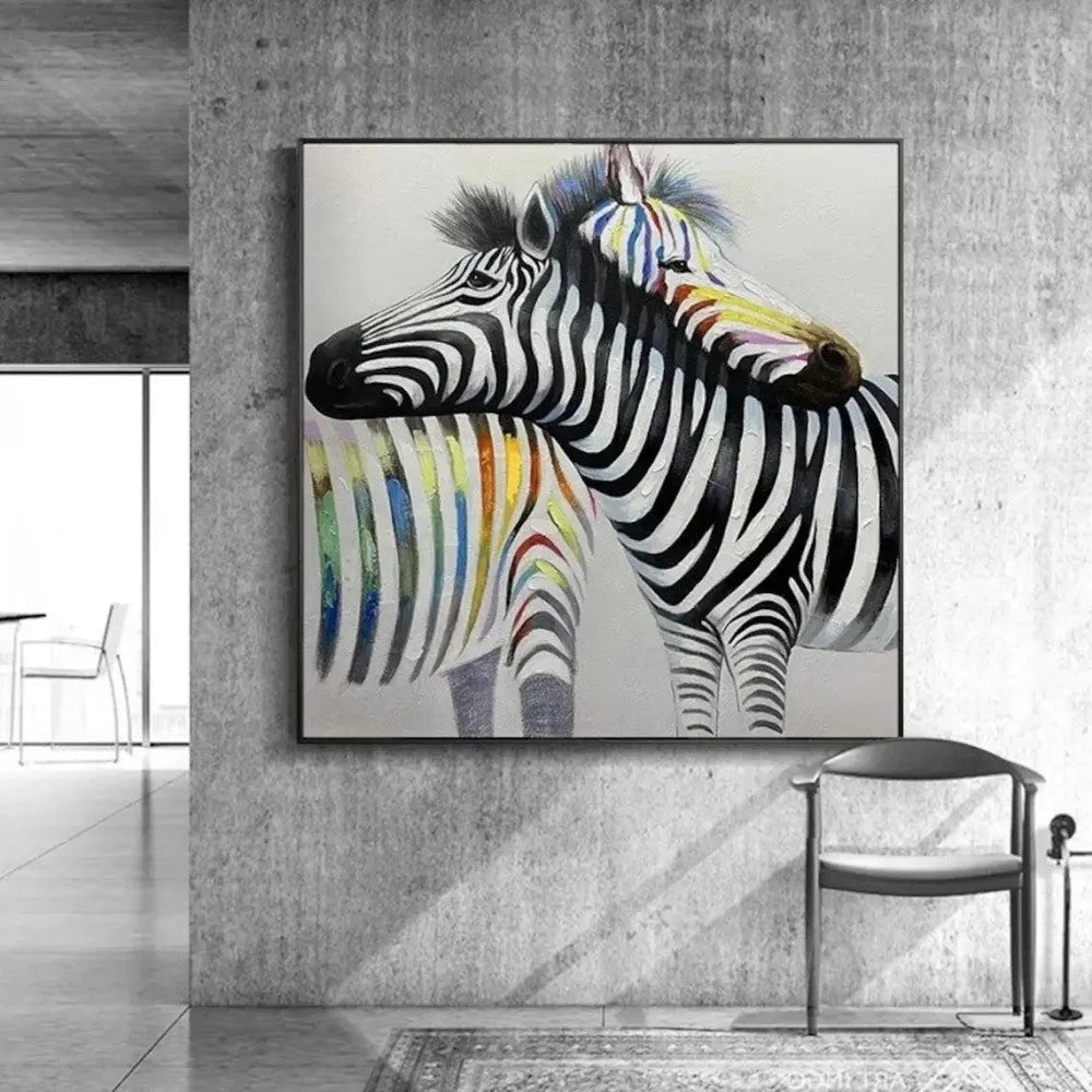 Handmade oil painting on canvas of colourful couple zebras, square frameless wall art for living room or bedroom