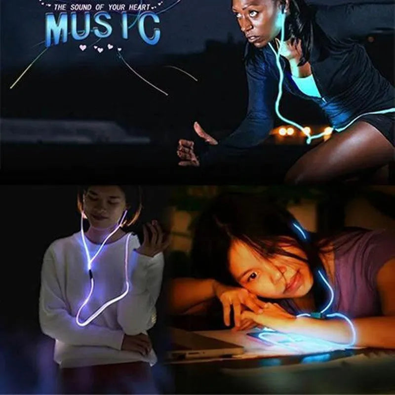 Blue LED light-up earphones with 3.5mm jack, compatible with iPhones, showing illuminated earpieces.