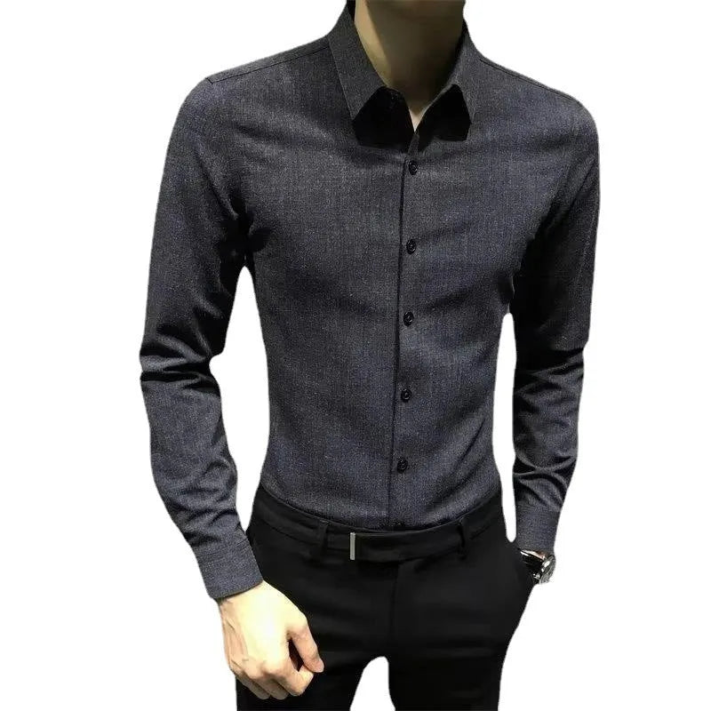 Men's long sleeve polyester shirt in black or coffee colour, loose fit, sizes M to 3XL, autumn winter casual top.