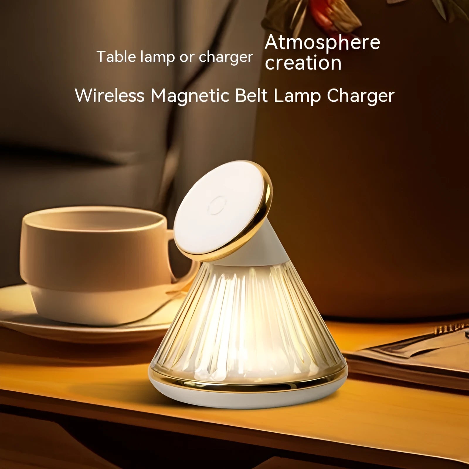 Champagne gold night table lamp with integrated magnetic wireless charging pad and dimmable LED light.