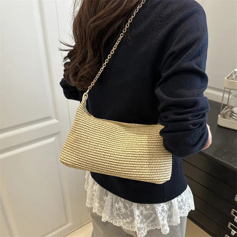 Straw woven square shoulder tote bag with polyester lining and phone compartment in khaki colour