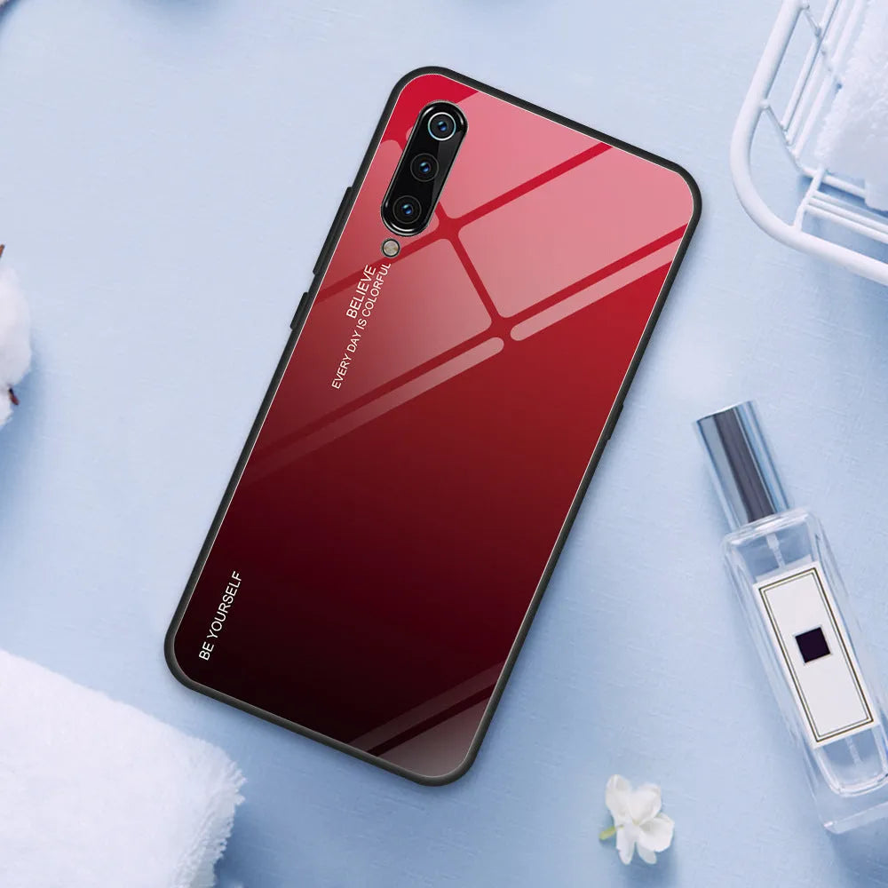 Gradient colour phone case with tempered glass back for Redmi smartphones showing colour transition