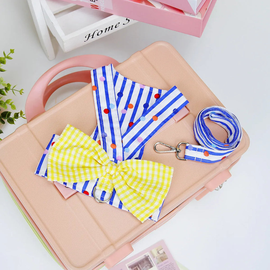 Cotton pet clothing with vertical bar bow on chest and back, shown in green, orange and blue stripes, sizes S to XXL