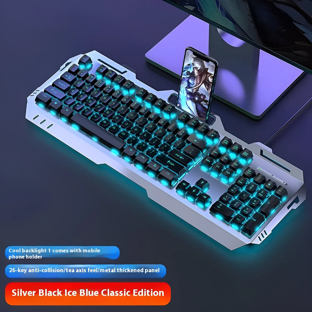 Aluminium mechanical keyboard with control knob in metal grey rainbow light colour option