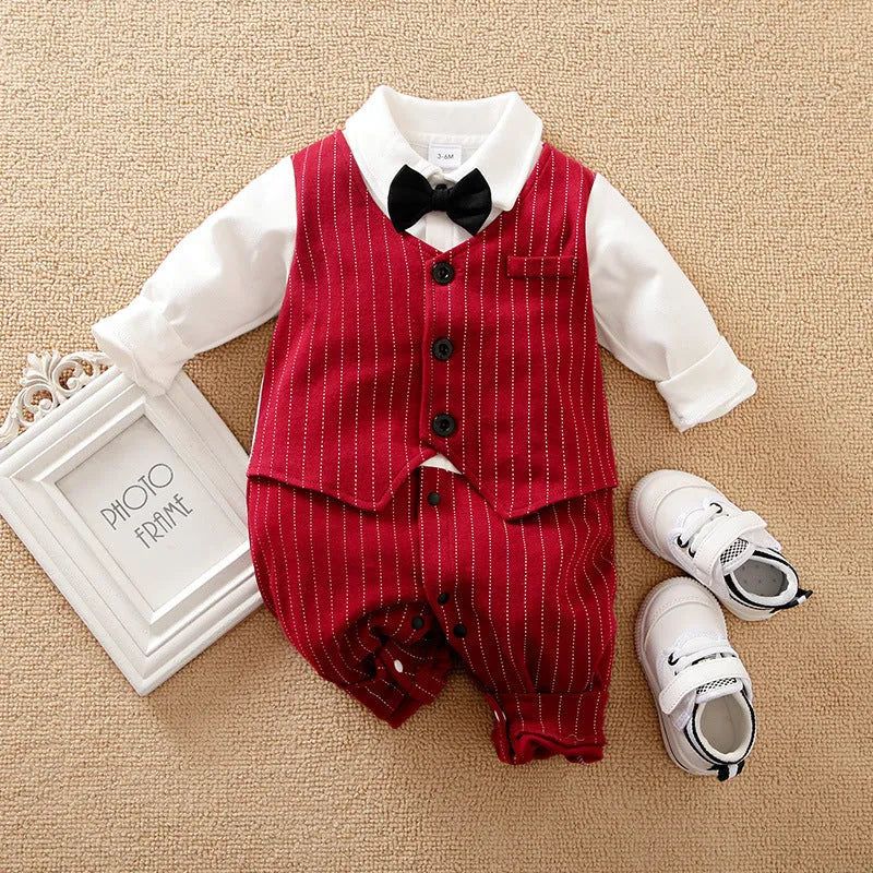 Wine red cotton baby boy romper one-piece suit with long sleeves and single-breasted closure.