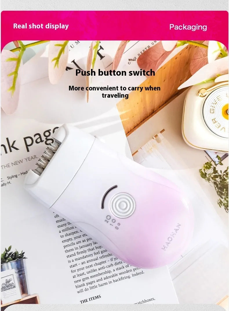 Pink three-in-one USB hair removal device with shaver head, grinding head, and skin rub accessories