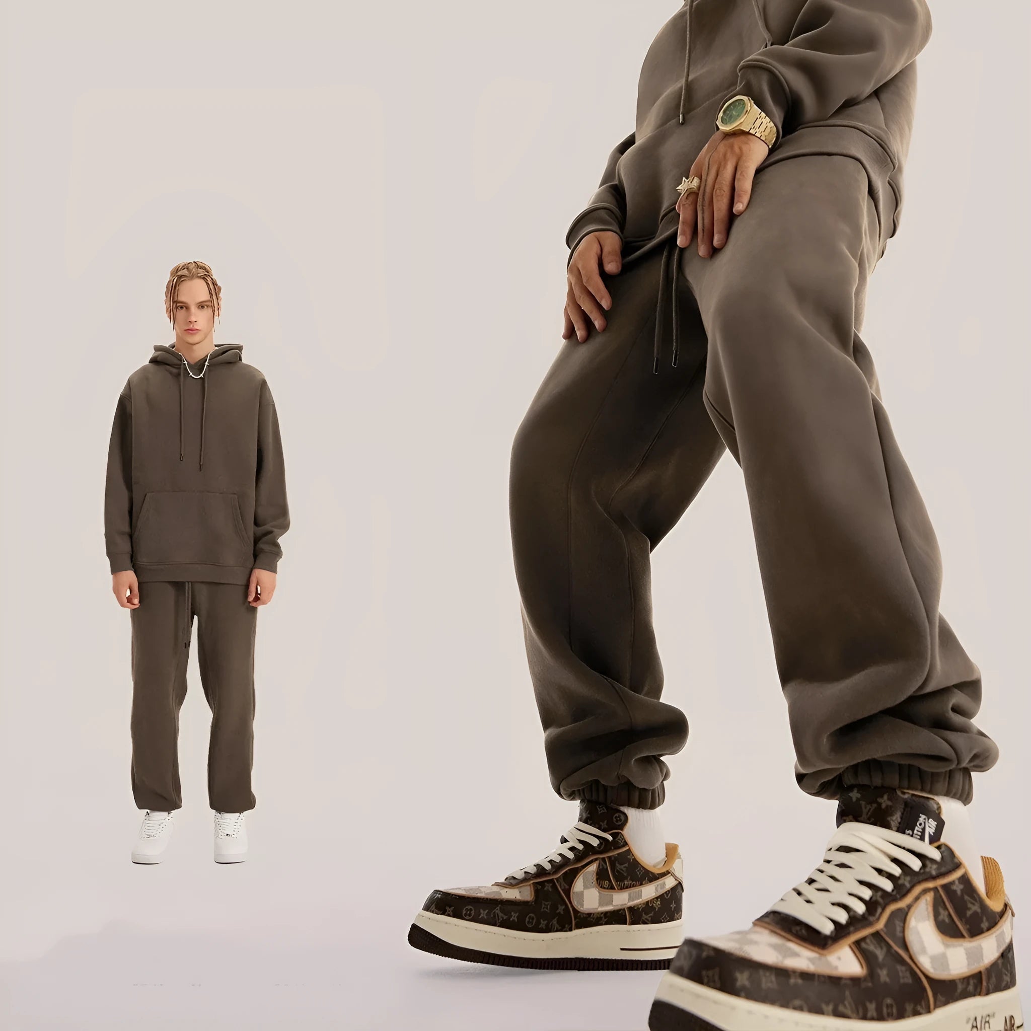 Men's solid colour velvet sweatpants with ankle band detail and mid waist design