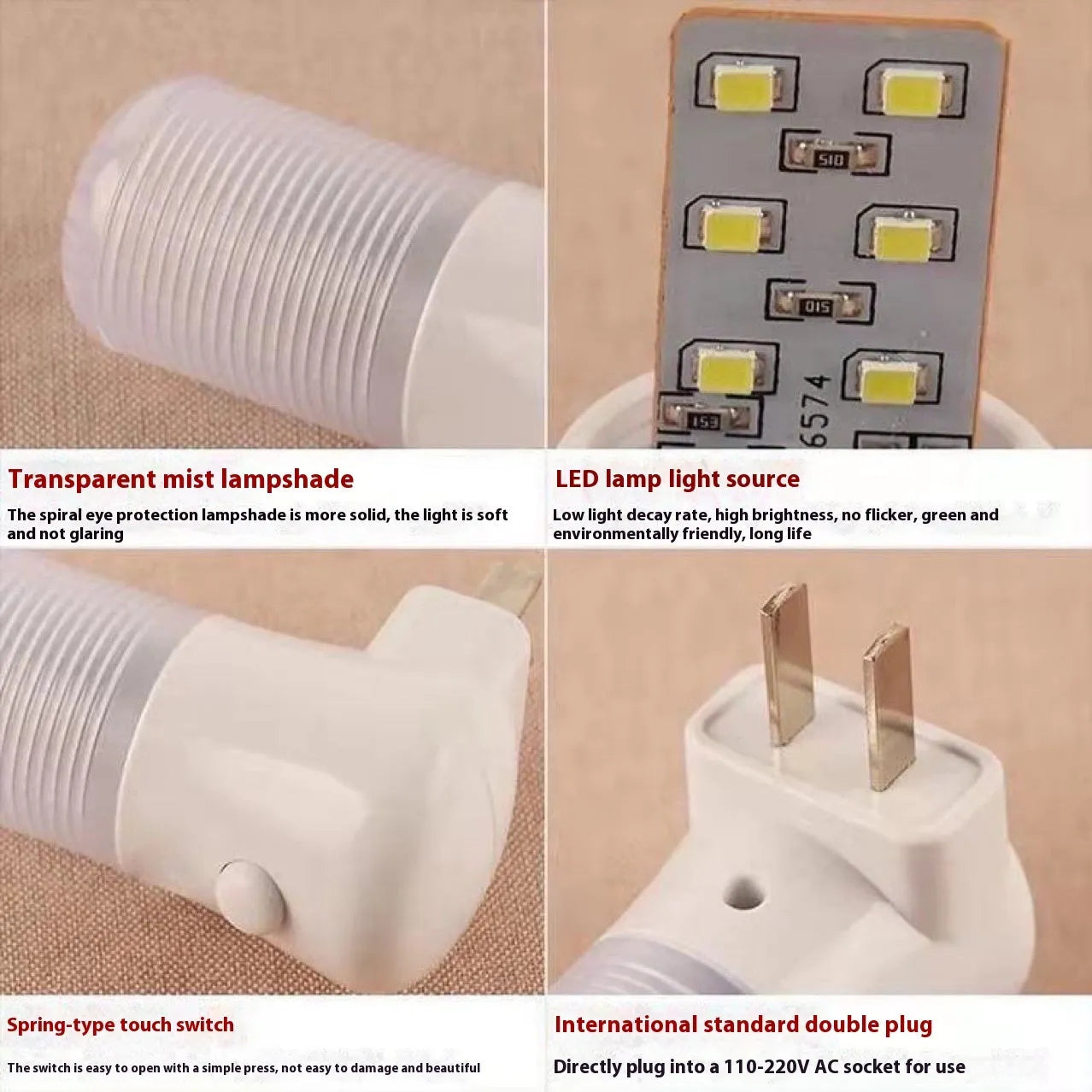 Minimalist plug-in bedside night light showing dual-colour switch and American plug