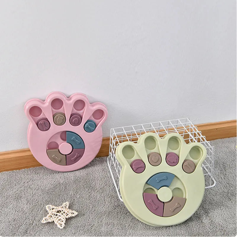 Dog puzzle feeder toy in PP material with non-slip base, available in footprint, round and hexagonal styles.