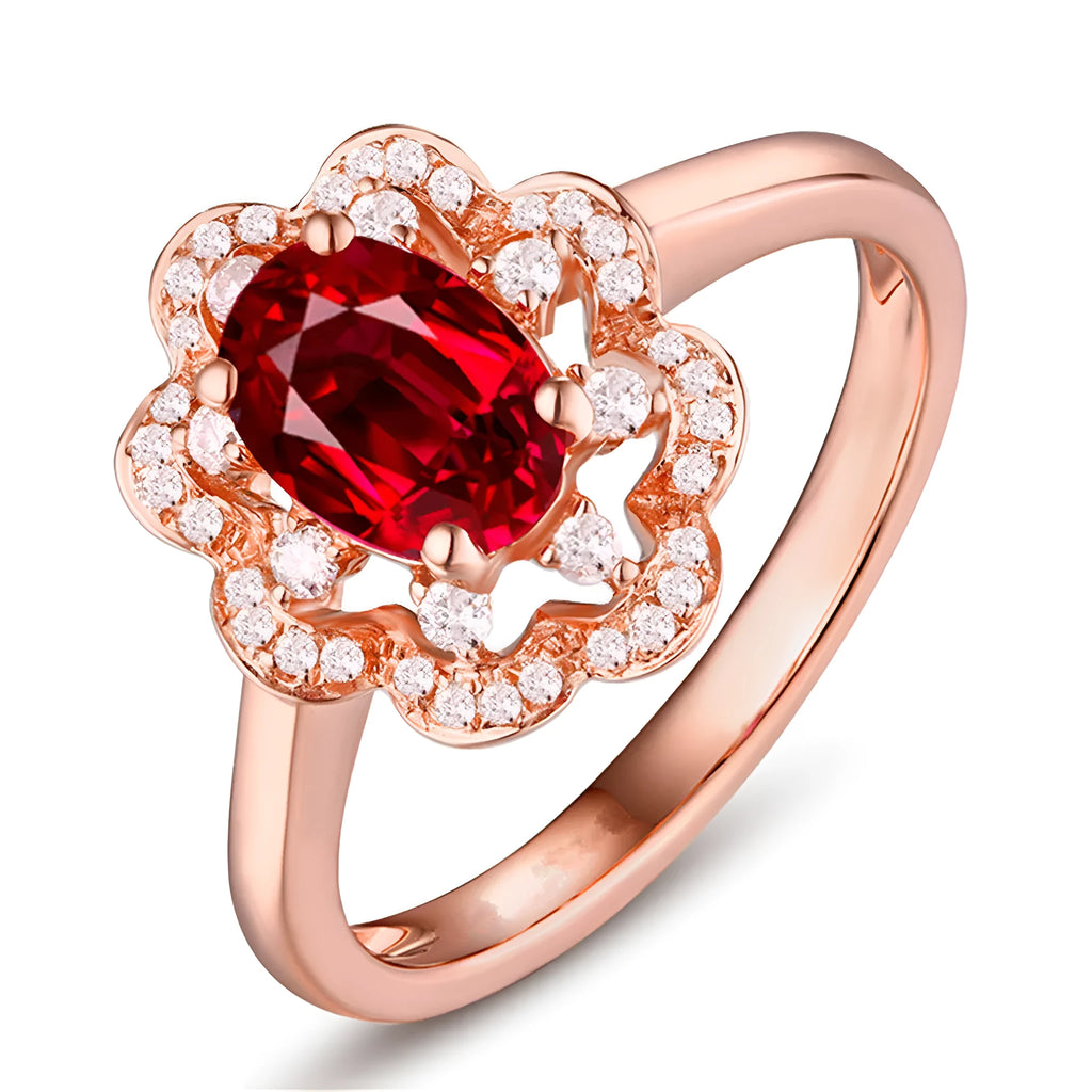 High-end ruby ring with rose gold and silver-toned band, available in sizes 6 to 9