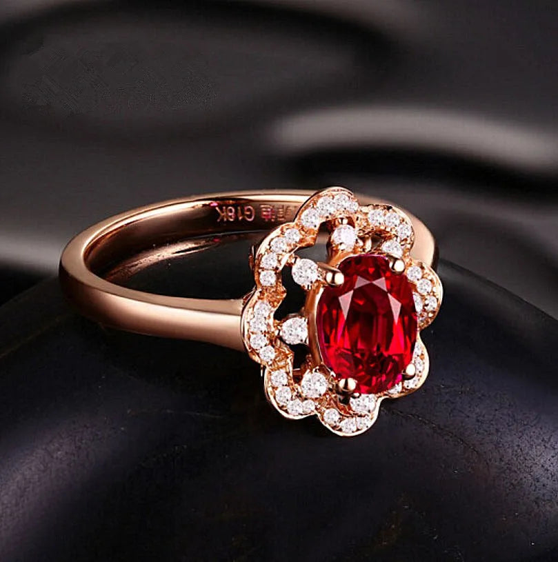 High-end ruby ring with rose gold and silver-toned band, available in sizes 6 to 9