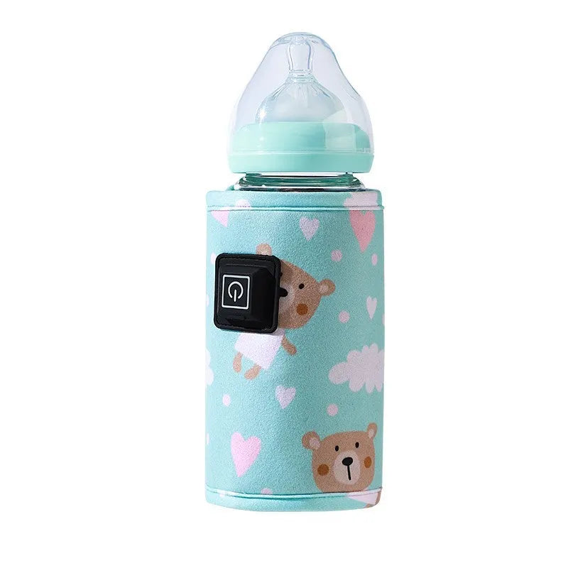 USB-powered portable baby bottle warmer bag in blue dinosaur cartoon print.