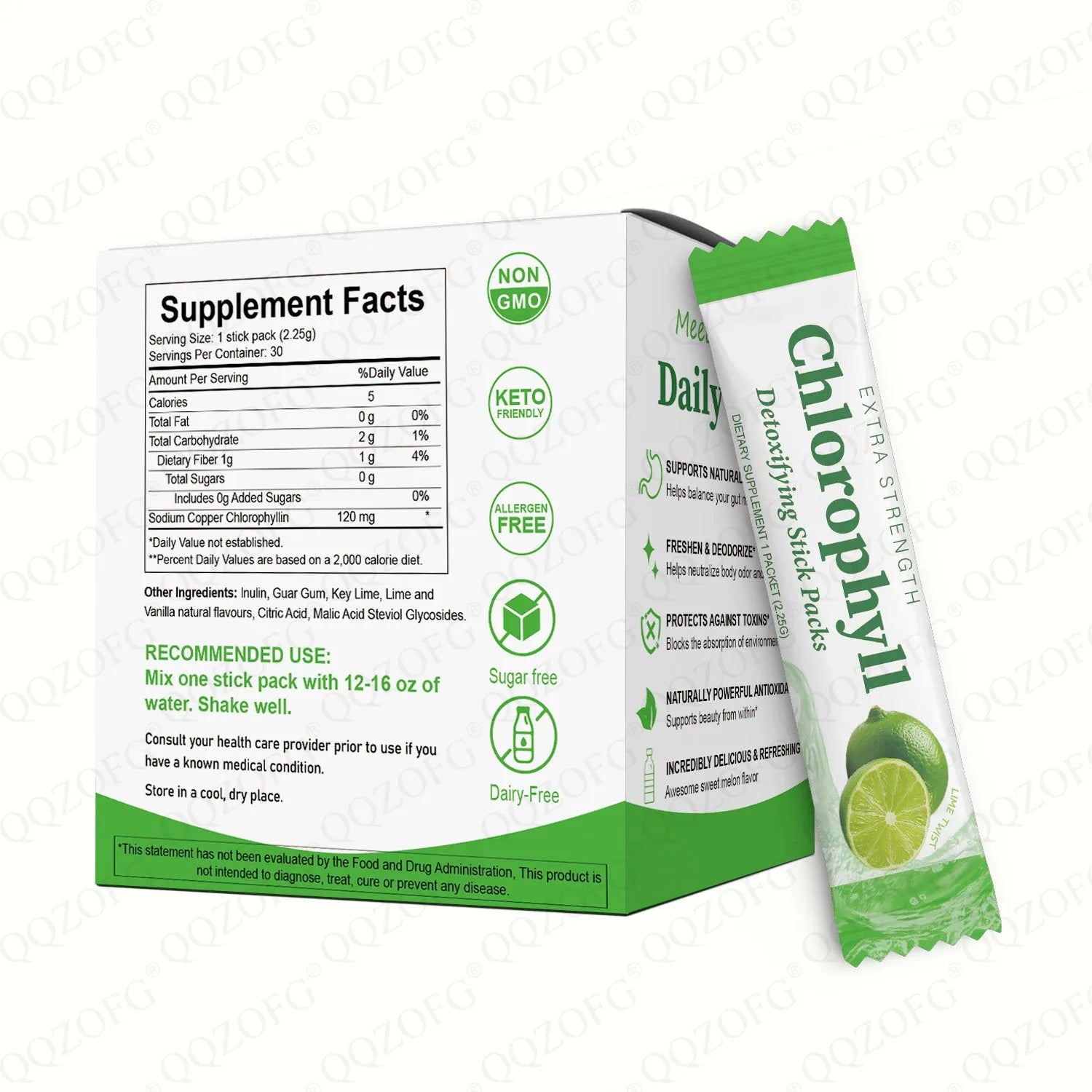 Box of 30 extra strength chlorophyll stick packs with key lime vanilla flavour, showing green powder and individual sachets