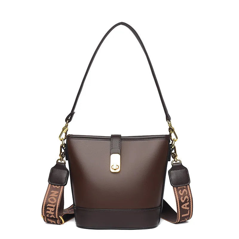 Korean-style soft PU bucket shoulder messenger bag in black colour with double straps and organised interior