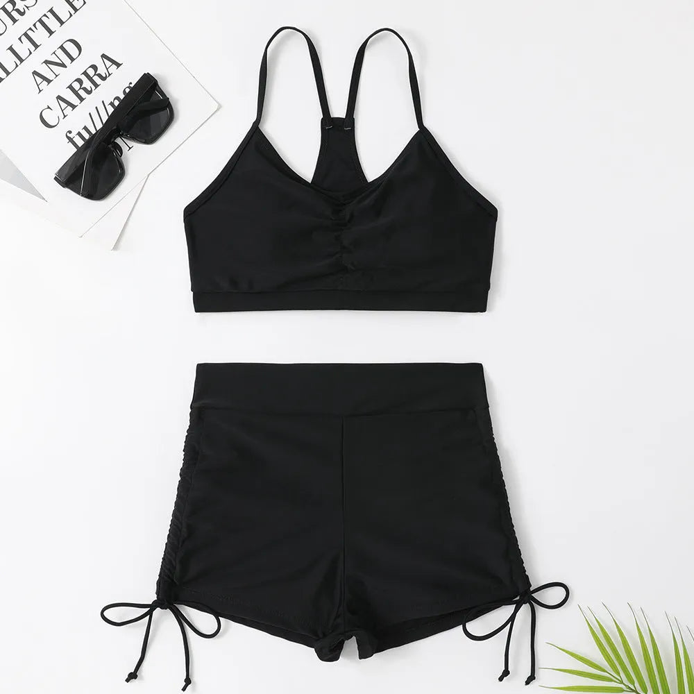 Women's solid colour high waist split swimsuit bikini set with spandex lining