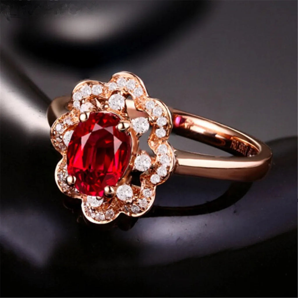 High-end ruby ring with rose gold and silver-toned band, available in sizes 6 to 9