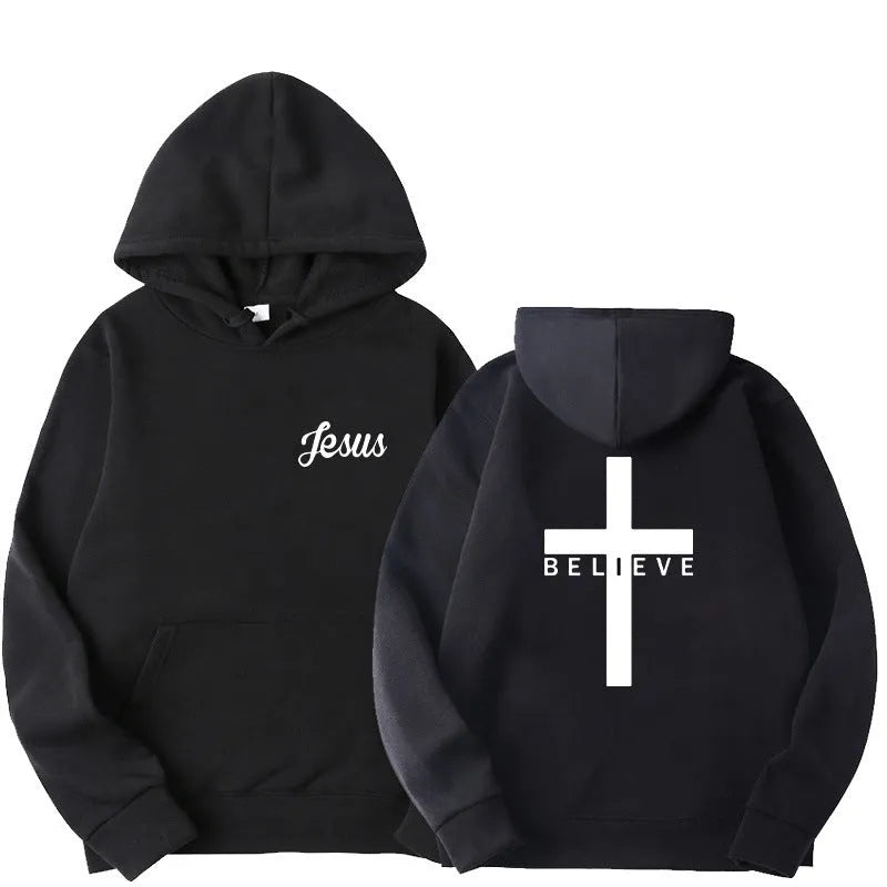 Believe Cross printed men's pullover hoodie with drawstring hood, polyester, black grey white navy blue