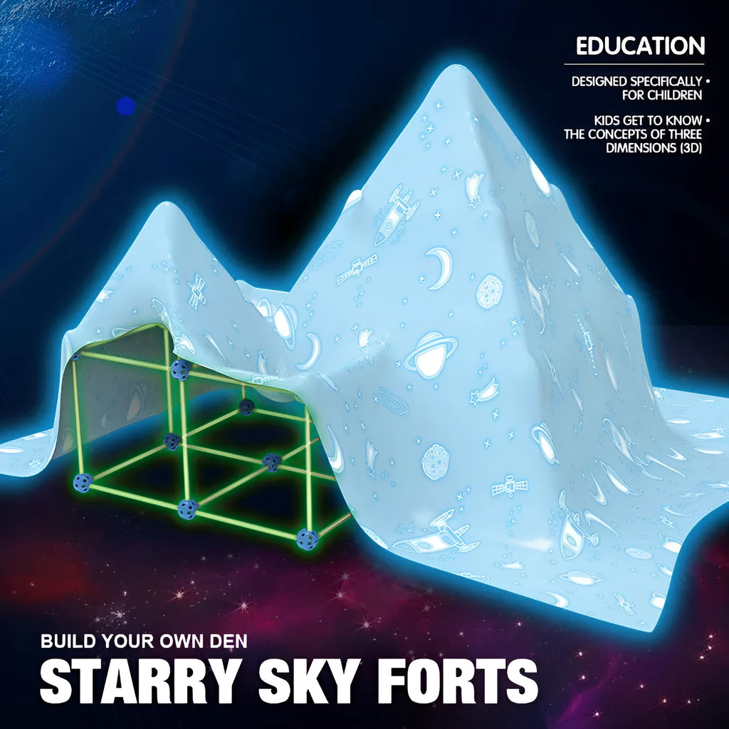 Children's luminous fort building kit with plastic rods, balls and storage bag for creative construction