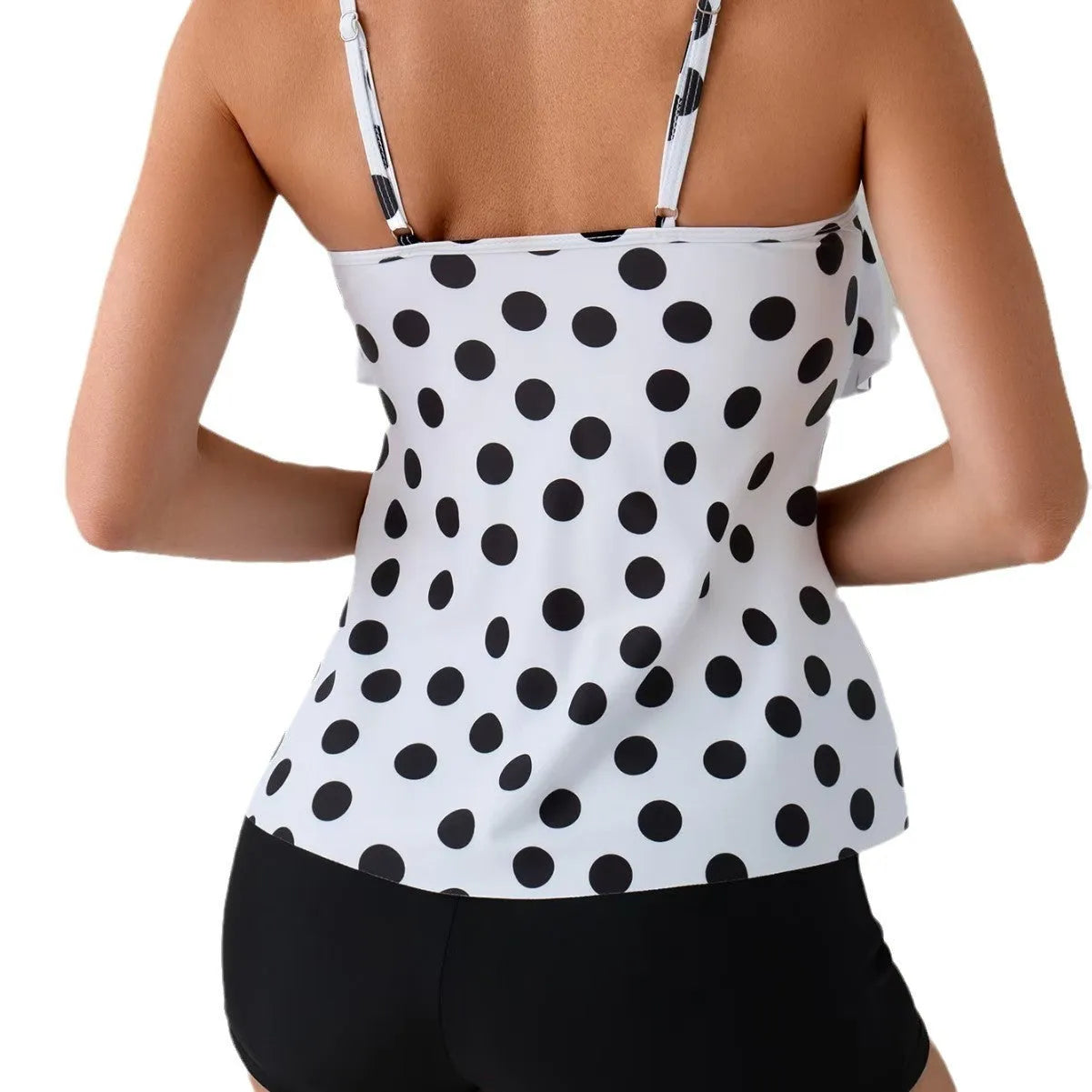 Black and white double-shoulder strap high waist backless boxers split swimsuit for women