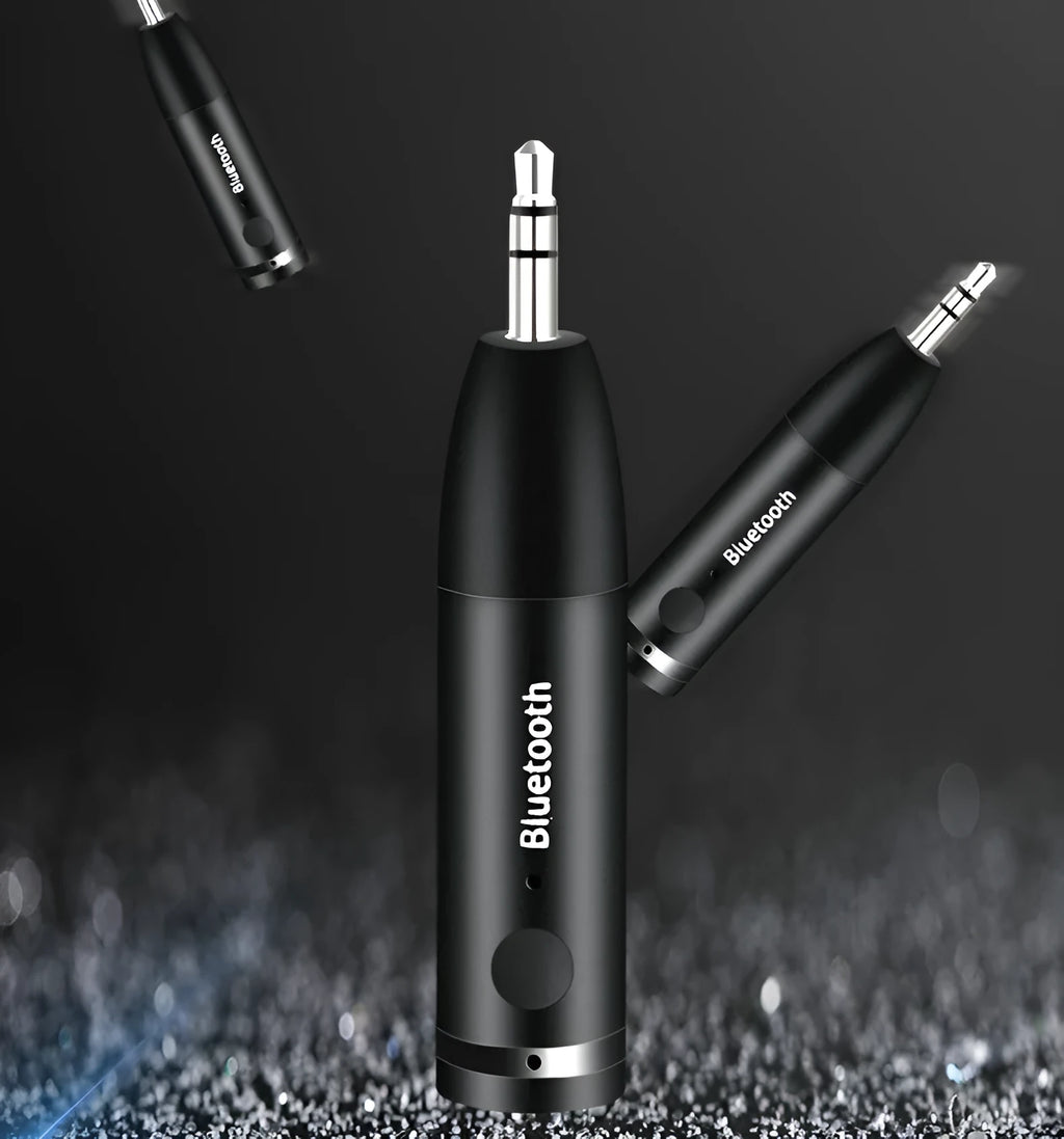 Compact black Bluetooth audio receiver for car and home stereo AUX inputs