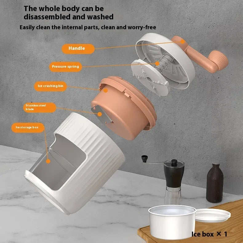 Hand-cranked ice shaving machine in green and orange, with removable ice box and ergonomic handle