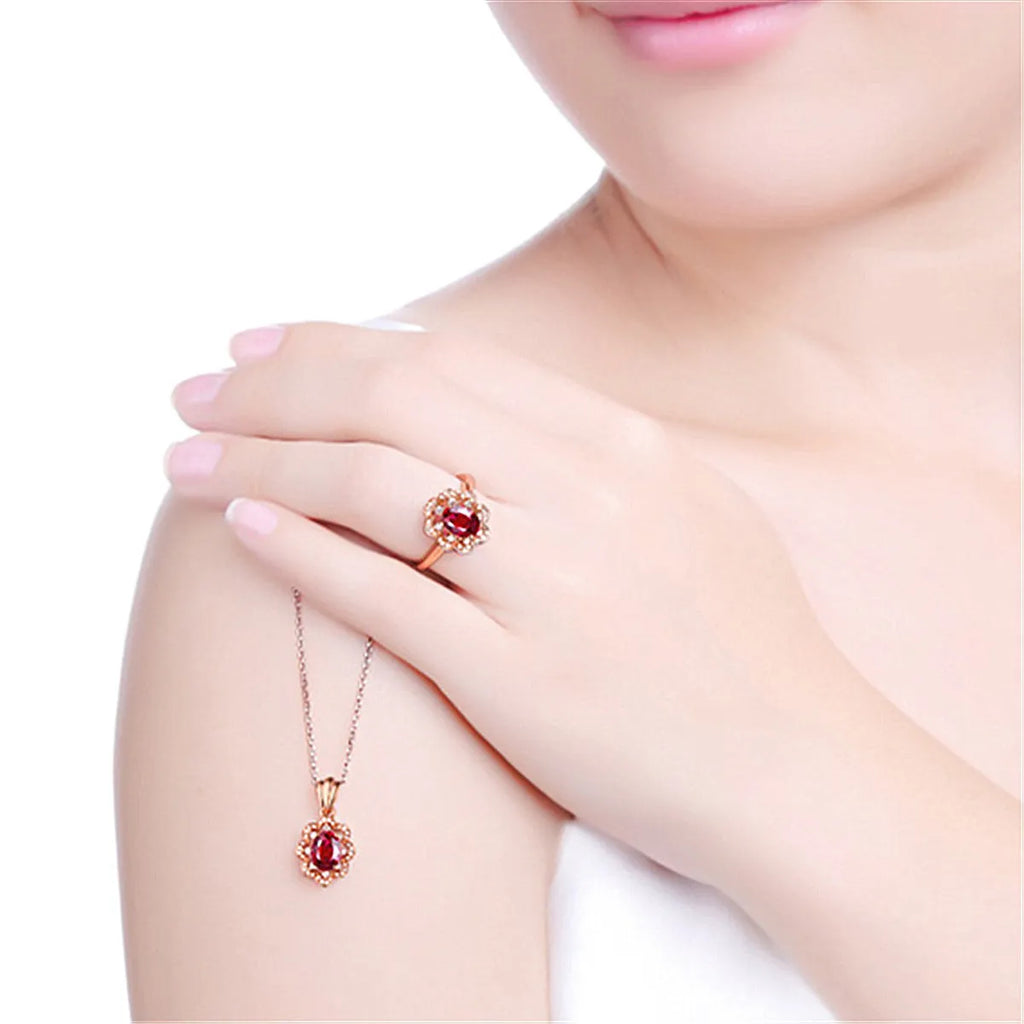 High-end ruby ring with rose gold and silver-toned band, available in sizes 6 to 9