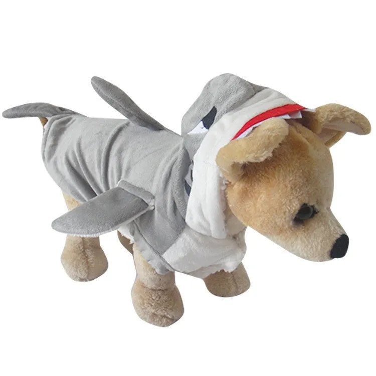 3D shark suit cosplay costume in blue or grey shearing fabric with embroidered eyes and zigzag-cut mouth