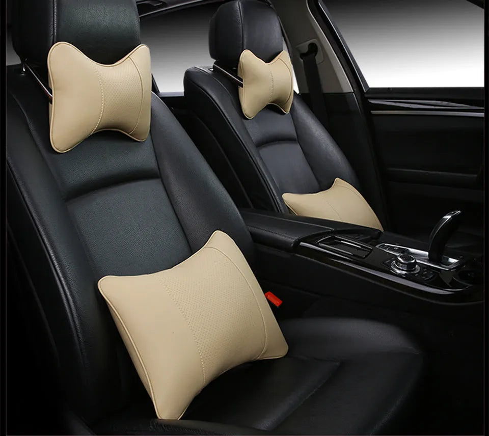 Breathable car headrest with leather cover, down yarn filling, and classic punched ventilation pattern