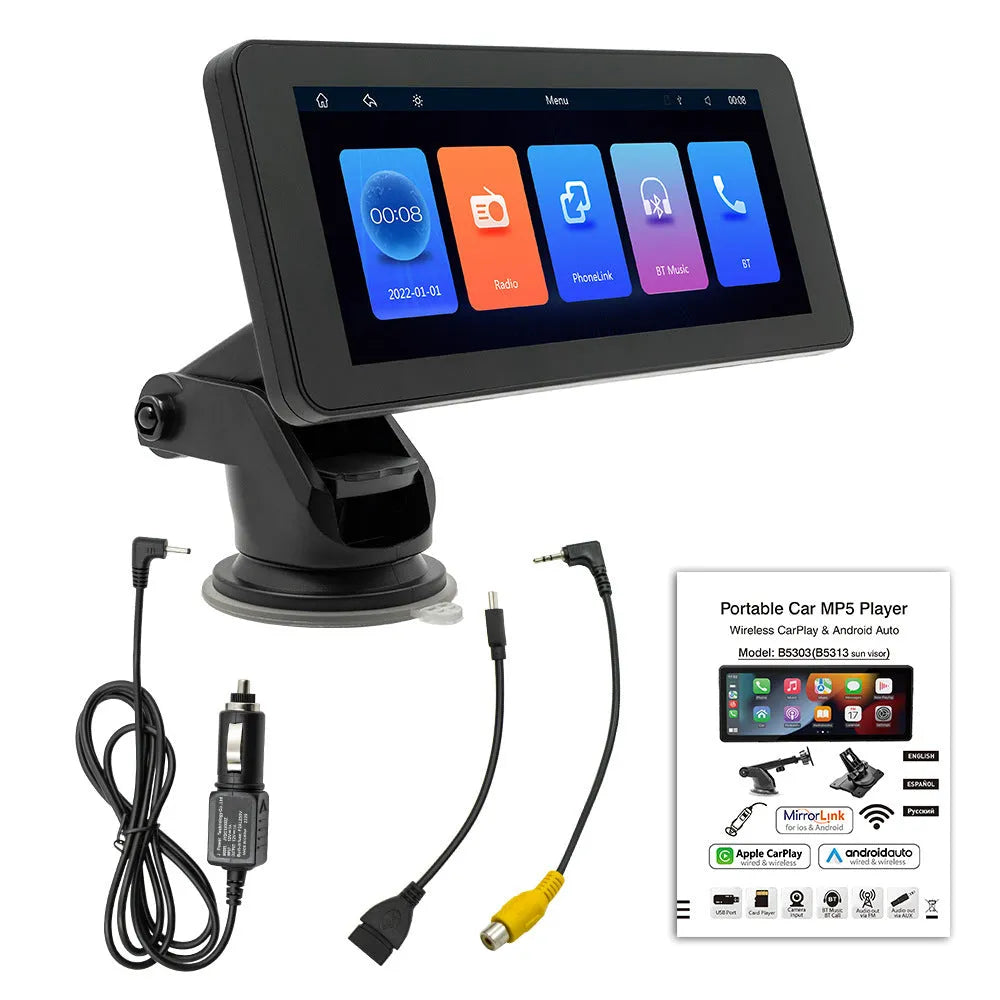 Portable wireless car video player with 6.86-inch screen showing camera display