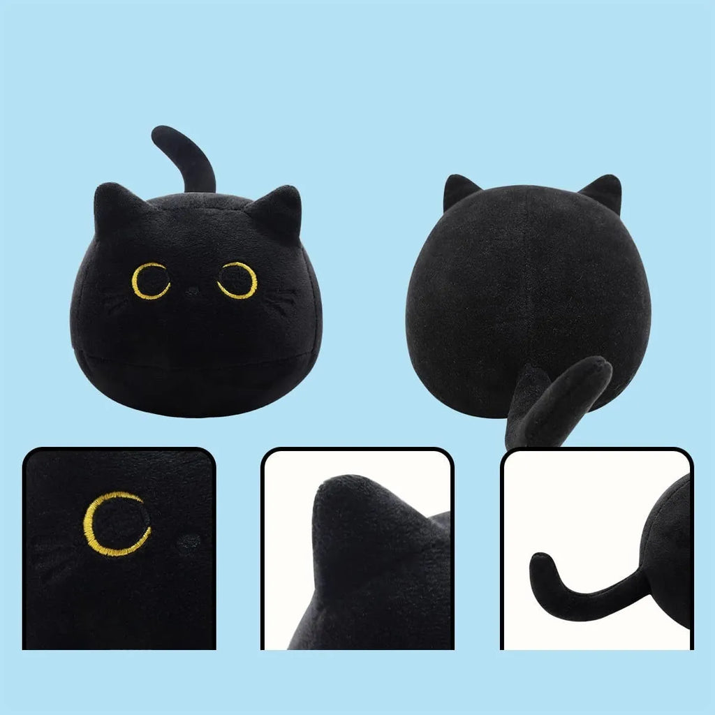 Large black fluffy cat plush toy with soft pillow cushion shape for kids and home decoration