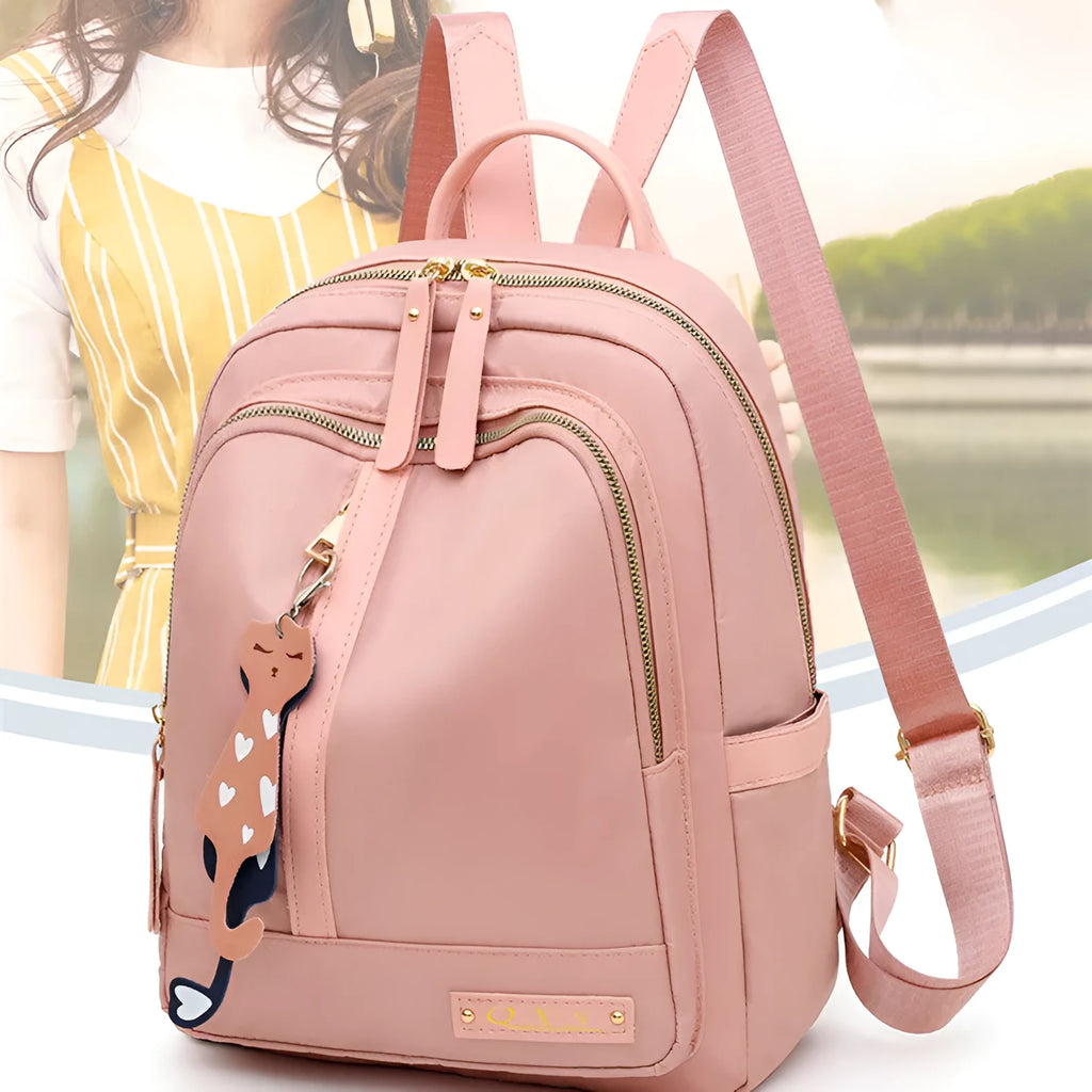 Women's black nylon casual backpack with double shoulder straps and front pocket