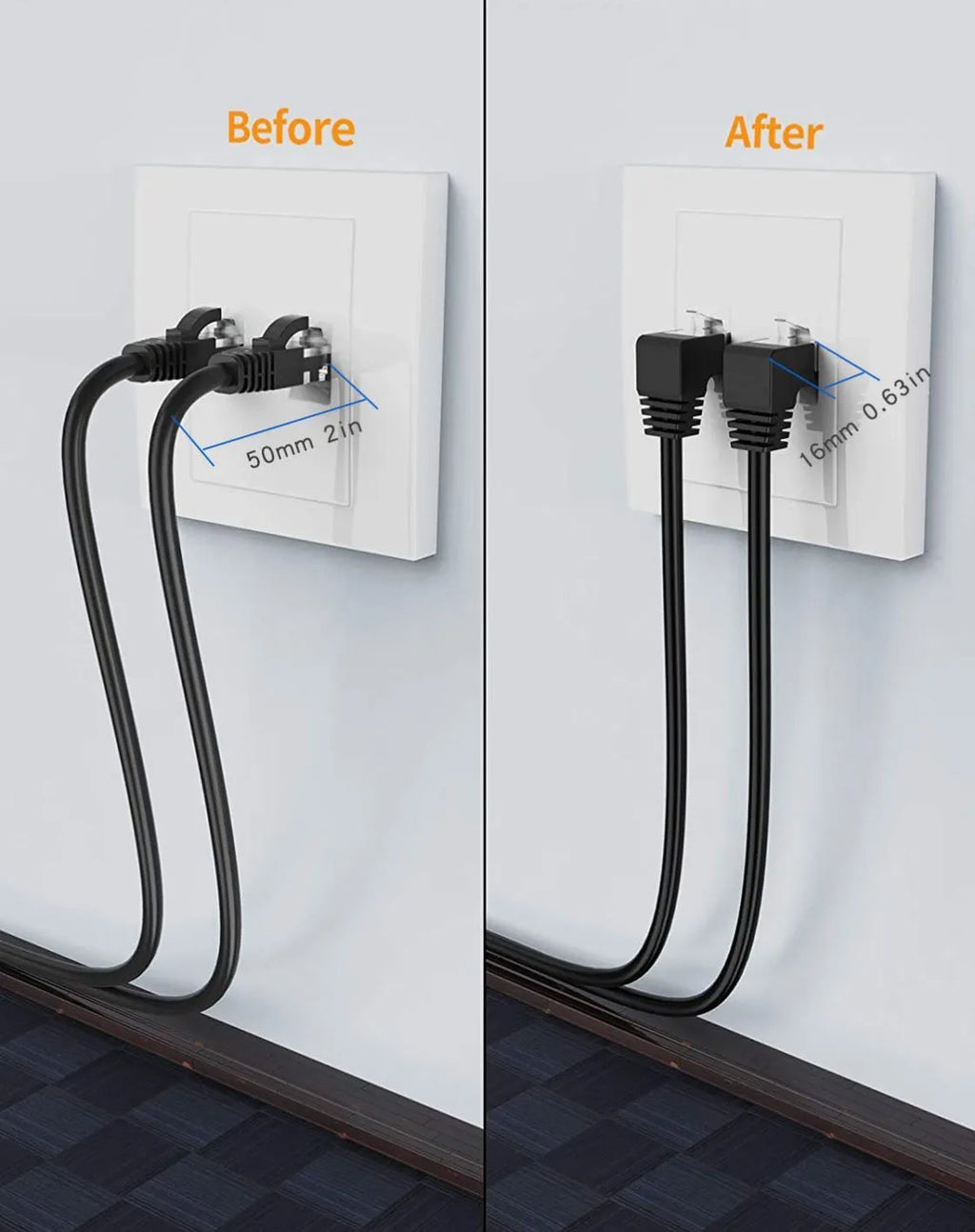 Cat6 Ethernet cable with a right-angle metal RJ45 connector in black, showing its low-profile design.