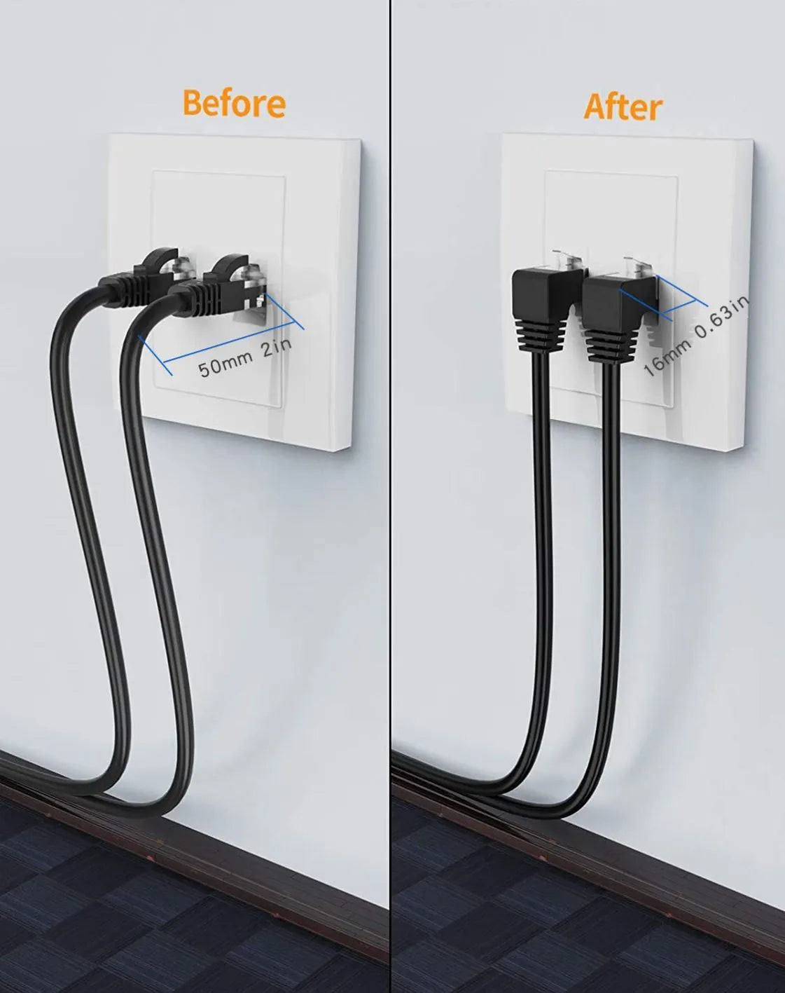 Cat6 Ethernet cable with a right-angle metal RJ45 connector in black, showing its low-profile design.