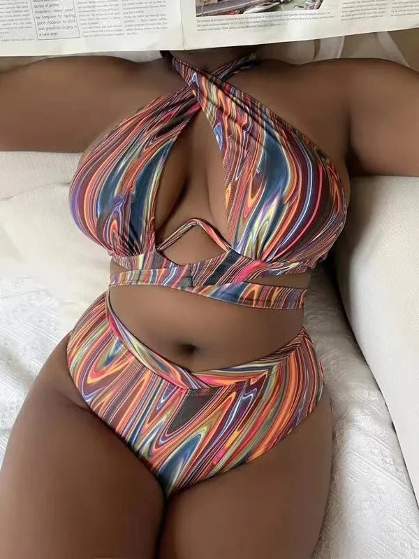 Women's floral high waist bikini swimsuit in plus sizes for swimming activities